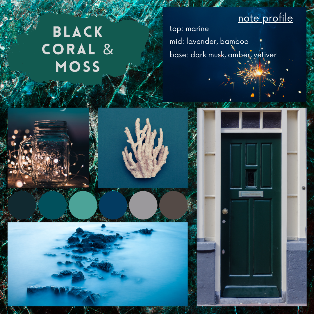 Black Coral and Moss Mood Board: Shades of blue, coral, glass, sparklers